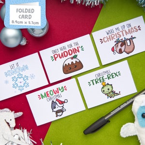 Blank Mini Weihnachten Kawaii Weihnachtskarten 5er Pack mit Umschlägen, Blankokarten, Weihnachtskarten, Schneeflocke, Faultier, Katze, Feigenpudding, Baum-Rex