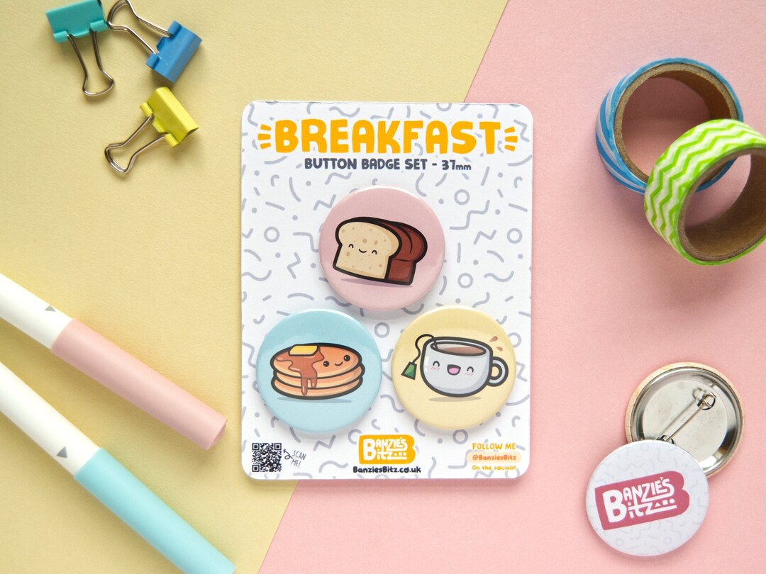 Kawaii Breakfast Button Pin Set - 37mm - Button Pin Badge, Funny Pins ...