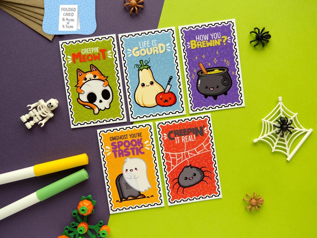 Handmade Halloween Kawaii Pun Cards, Spooky Mini Note Cards 5 Pack - Etsy