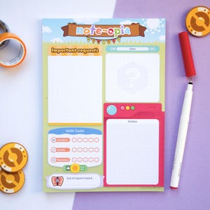 May include: A notepad with the text "note-opia" and sections for requests, notes, and a health tracker. The notepad is surrounded by decorative items, including tape, markers, and circular stickers.