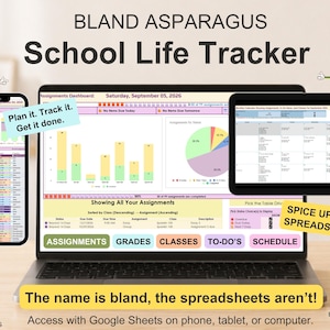 Könnte beinhalten: Eine digitale Schul-Life-Tracker-Tabelle, die auf einem Laptop, Smartphone und Tablet angezeigt wird. Die Benutzeroberfläche enthält Diagramme, Aufgabenlisten und Navigationsschaltflächen mit der Beschriftung Assignments, Grades, Classes, To-Do's und Schedule. Der Text umfasst Bland Asparagus, Plan it. Track it. Get it done. und Spice up your spreadsheets.