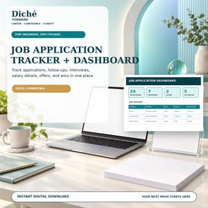 Könnte beinhalten: Eine digitale Vorlage für einen Job-Bewerbungs-Tracker und ein Dashboard mit Laptop, einem Stapel weißem Papier und einem Notizbuch. Die Benutzeroberfläche zeigt Text wie "Diché Forward", "Job Application Tracker + Dashboard" und "Excel Compatible".
