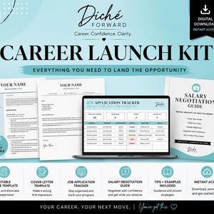 May include: A digital career launch kit featuring a resume template, cover letter template, job application tracker on a laptop screen, and a salary negotiation guide. The light blue and white documents include text, icons, and editable fields.