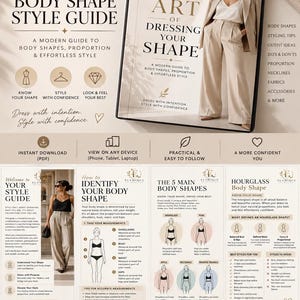 Könnte beinhalten: Ein 21-seitiger digitaler Körperform-Stilratgeber von Elamique mit Texten, Diagrammen und Illustrationen. Der Ratgeber enthält Abschnitte zur Bestimmung der Körperform, Styling-Tipps, Outfit-Ideen und Ratschläge zu Proportionen in einer beige-schwarzen Farbpalette.