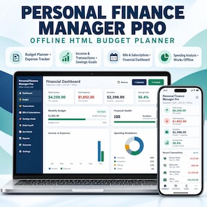 May include: A laptop and smartphone displaying the Personal Finance Manager Pro offline HTML budget planner. The screens show a financial dashboard with income, expenses, savings goals, and transaction lists in a clean, dark-themed interface.