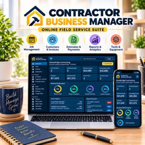 May include: A laptop and smartphone displaying the Contractor Business Manager software dashboard, featuring project metrics, financial data, and navigation menus. A blue mug with text and a spiral notebook are on the desk with a black pen.
