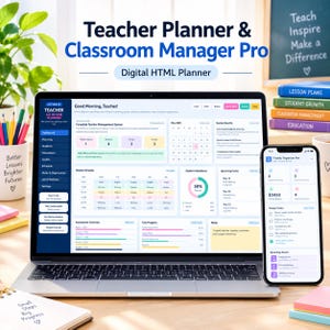 Op de afbeelding: Een digitale lerarenplanner en klassenmanager weergegeven op een laptopscherm en een smartphone. De interface bevat een dashboard met een weekschema, aanwezigheid van leerlingen, voortgang van taken en een overzicht van beoordelingen.