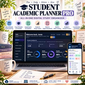 Könnte beinhalten: Ein digitaler akademischer Studienplaner auf einem Laptop- und Smartphone-Bildschirm. Die Benutzeroberfläche zeigt ein Dashboard mit Notendurchschnitt, Kursen, Aufgaben und Budgetverfolgung sowie Symbole für Studienplanung und Zeitpläne.