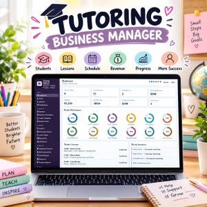 以下が含まれることがあります： Tutoring Business Managerのダッシュボードを表示したノートパソコン。画面にはデータチャート、収益、スケジュールが表示されており、Tutoring Business Manager、Students、Lessons、Schedule、Revenue、Progress、More Successというテキストが含まれています。