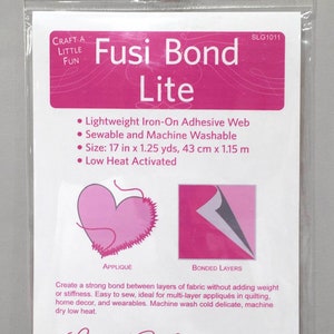 May include: Fusi Bond Lite, a lightweight iron-on adhesive web for fabric projects. The package includes instructions and diagrams for appliqué and bonded layers. Size: 17 inches x 1.25 yards, 43 cm x 1.15 m. Sewable and machine washable.