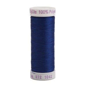 May include: A spool of dark blue PolyLite 100% Polyester thread. The spool has a white top and bottom with the brand name and thread details printed in purple. The thread is tightly wound, showing the texture of the material. Ideal for sewing and crafting projects.