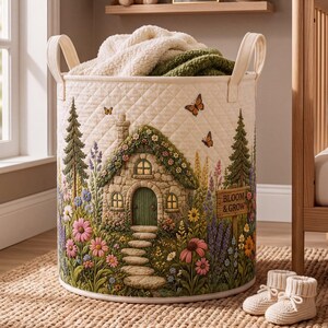 May include: A cylindrical quilted fabric storage basket featuring a printed scene of a stone cottage, a stone path, colorful wildflowers, tall pine trees, butterflies, and a wooden sign that reads Bloom & Grow, with two side handles.