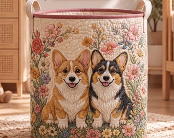 Corgi Laundry Basket, Quilted Pink Floral Puppy Hamper, Pet Toy Storage Bin, Cottagecore Bedroom Decor, Dog Mom Birthday Gift