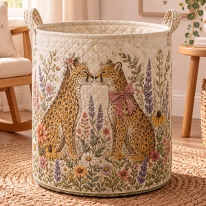 May include: A cylindrical quilted fabric storage basket featuring a printed design of two cheetahs facing each other amidst a field of colorful wildflowers. The cheetah on the right wears a pink bow. The basket has two fabric handles at the top.