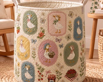 Silly Goose Laundry Basket, Quilted Cottagecore Bonnet Hamper, Strawberry Kitchen Storage Bin, Farmhouse Decor, Gift for Mom