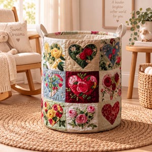 May include: A cylindrical fabric storage basket featuring a quilted patchwork design with various heart-shaped panels. Each panel displays embroidered floral motifs in shades of red, yellow, pink, and blue, with two white fabric handles on top.