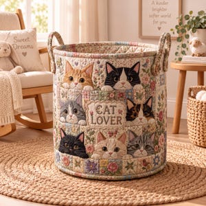 May include: A cylindrical fabric storage basket featuring a quilted patchwork design with floral patterns and seven embroidered cat faces. The center of the basket displays the text CAT LOVER in a decorative font, and it has two fabric handles.