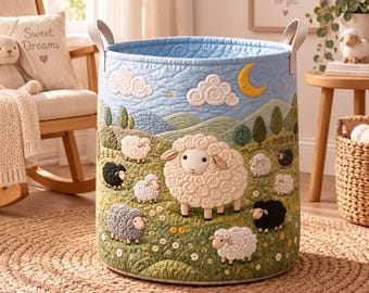 Sheep Nursery Laundry Basket, Quilted Lamb Meadow Moon Hamper, Farm Toy Storage Bin, Gender Neutral Decor, Baby Shower Gift