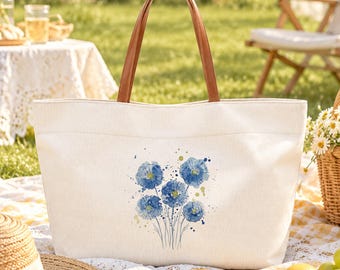 Floral Tote Bag, Blue Watercolor Flower Tote, Botanical Canvas Bag for Women, Flower Lover Gift, Everyday Shoulder Bag for Work Shopping