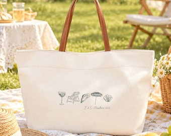 Personalized Beach Tote Bag, Custom Couple Names Travel Bag, Coastal Vacation Gift for Her, Honeymoon Canvas Shopper, Cocktail Lover Gift
