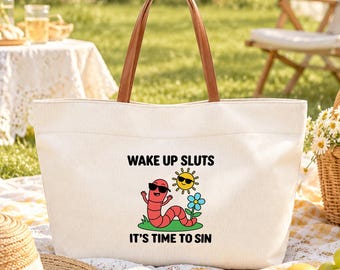 Bolso de mano con diseño de gusano divertido, bolso de lona con el mensaje "Despierten, zorras, es hora de pecar", regalo sarcástico para adultos, bolso de compras original para amigos.