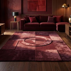 Può includere: Un grande tappeto rettangolare caratterizzato da una palette di colori bordeaux intenso, con un motivo circolare centrale e un design a blocchi geometrici. Il tappeto presenta una superficie testurizzata e soffice su un pavimento in legno.