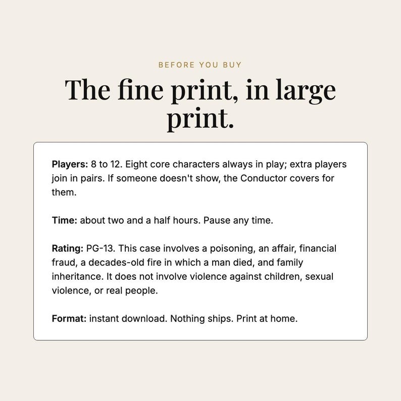 May include: An informational graphic titled Before You Buy, The fine print, in large print. It lists game details: 8 to 12 players, two and a half hours duration, PG-13 rating regarding poisoning and fraud, and an instant download print at home format.