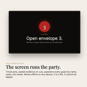May include: A black digital screen displays a red circle with the number 3, the word EVIDENCE, and the text Open envelope 3. Whoever is closest. Read it aloud. Do not editorialize. Below, the text reads THE CONDUCTOR The screen runs the party.