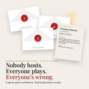 May include: A murder mystery party kit for 8 to 12 players featuring three white envelopes labeled Sealed Evidence with red numbered circles 1, 2, and 3, and a character card for Vivienne Marrow, The Second Wife, with text details.