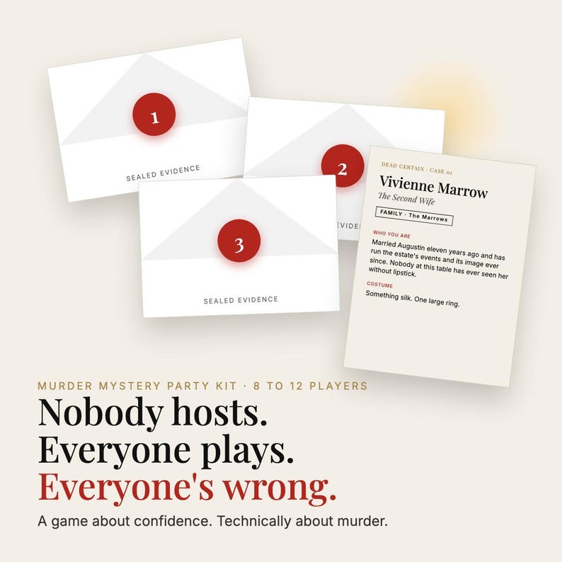 May include: A murder mystery party kit for 8 to 12 players featuring three white envelopes labeled Sealed Evidence with red numbered circles 1, 2, and 3, and a character card for Vivienne Marrow, The Second Wife, with text details.