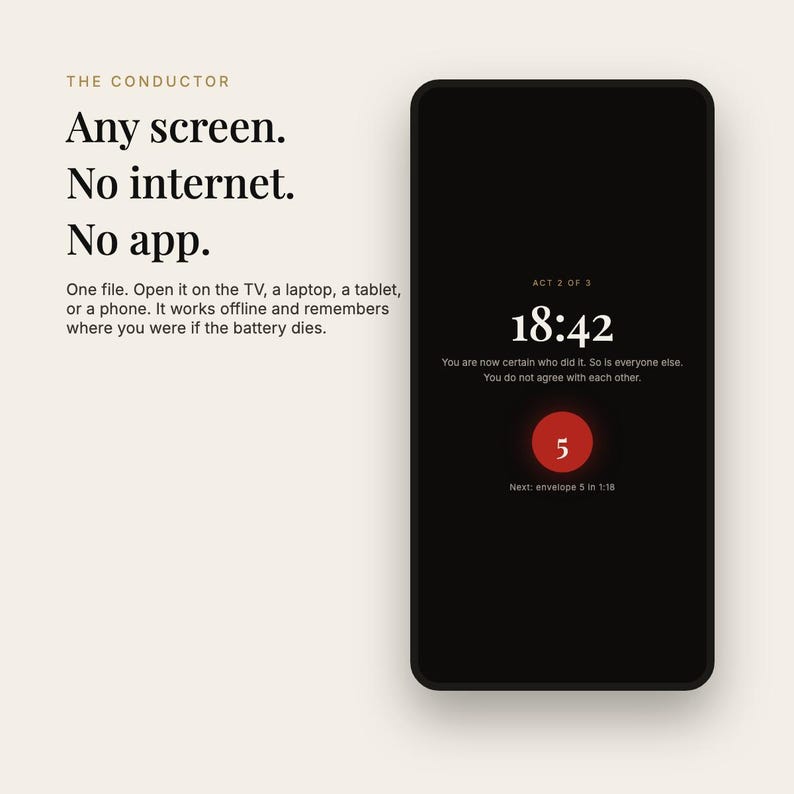 May include: A digital interface display titled The Conductor featuring the text Any screen. No internet. No app. One file. Open it on the TV, a laptop, a tablet, or a phone. It works offline and remembers where you were if the battery dies. The screen shows Act 2 of 3, the time 18:42, a red circle with the number 5, and the text Next: envelope 5 in 1:18.