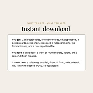May include: A digital game kit titled Instant download. It includes 12 character cards, 8 evidence cards, envelope labels, 3 petition cards, a setup sheet, rules card, fallback timeline, Conductor app, and a two-page Read Me. Requires 8 envelopes, round stickers, 3 pens, and a screen.