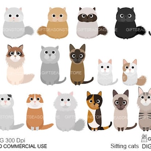 Sitting cats  digital clip art for Personal and Commercial use - INSTANT DOWNLOAD