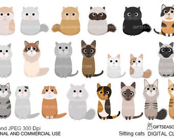 Sitting cats  digital clip art for Personal and Commercial use - INSTANT DOWNLOAD