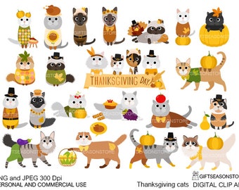 Thanksgiving cats digital clip art for Personal and Commercial use - INSTANT DOWNLOAD