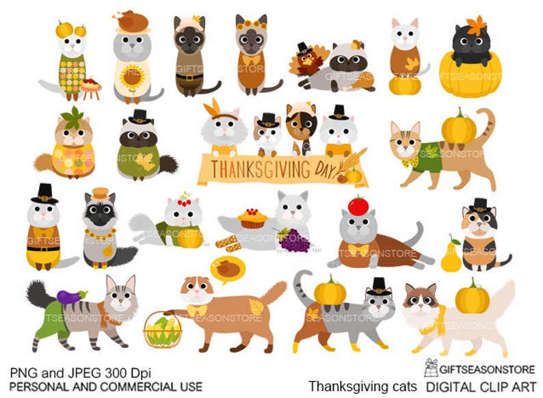 Thanksgiving cats digital clip art for Personal and Commercial use INSTANT DOWNLOAD image 1