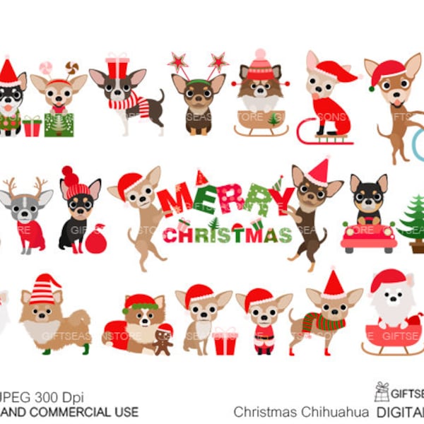 Christmas Chihuahua dogs digital clip art for Personal and Commercial use - INSTANT DOWNLOAD