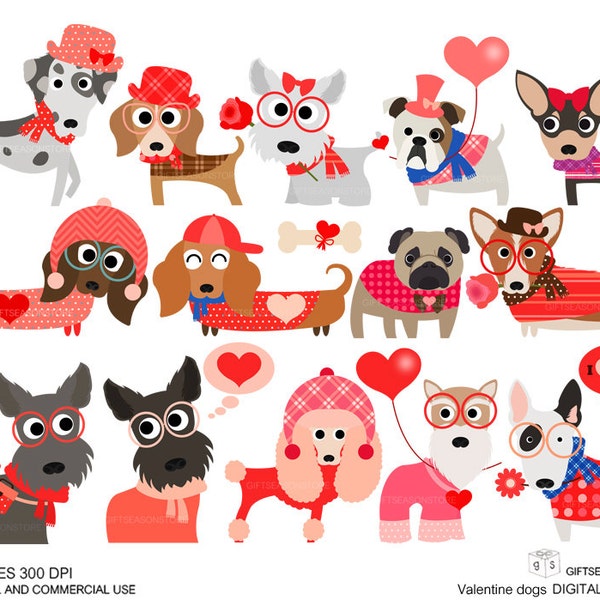 Valentine dogs clip art  for Personal and Commercial use - INSTANT DOWNLOAD