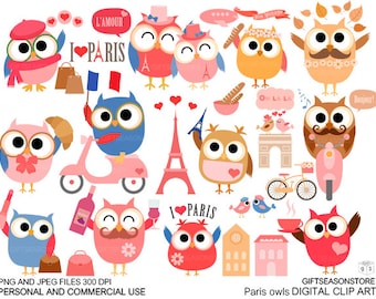 Paris owl Digital clip art for Personal and Commercial use - INSTANT DOWNLOAD