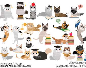 School cats digital clip art for Personal and Commercial use - INSTANT DOWNLOAD