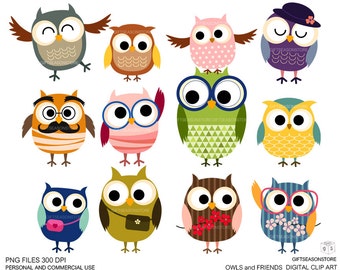 Owls and friends Digital clip art for Personal and Commercial use - INSTANT DOWNLOAD