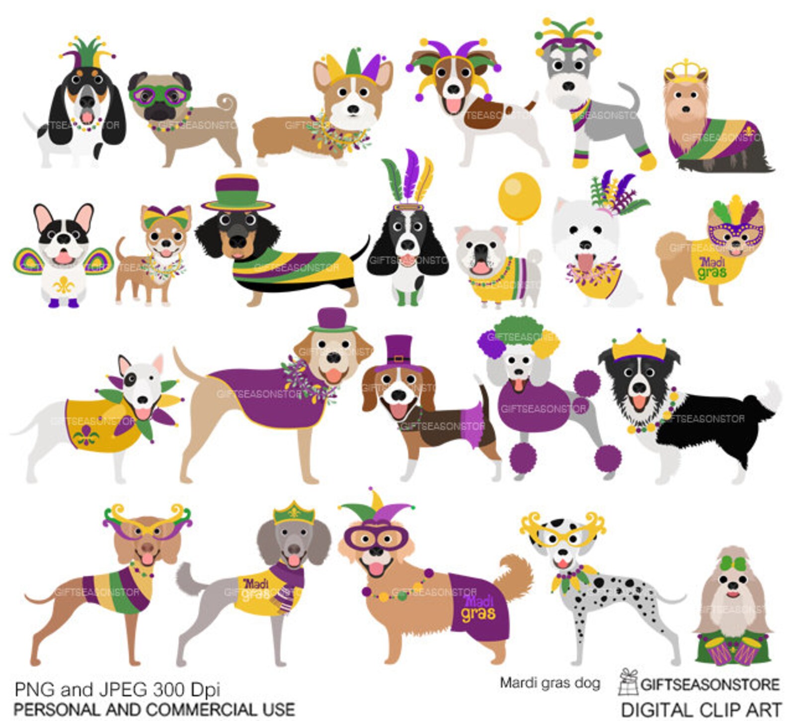 Mardi Gras Dogs Digital Clip Art for Personal and Commercial Use ...