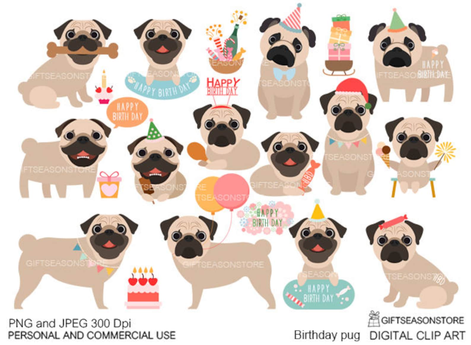 Birthday Pug Digital Clip Art for Personal and Commercial Use - Etsy