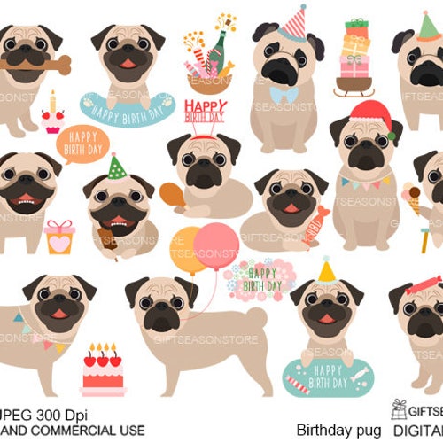 Birthday Pug Digital Clip Art for Personal and Commercial Use - Etsy
