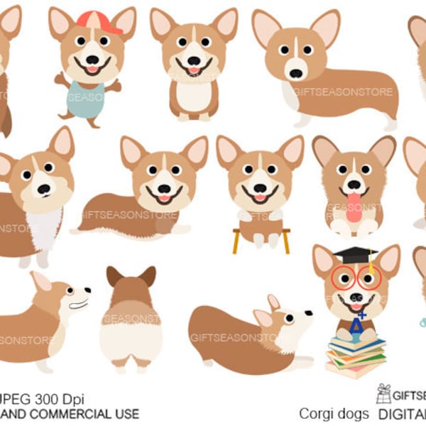 Corgi dogs digital clip art for Personal and Commercial use - INSTANT DOWNLOAD