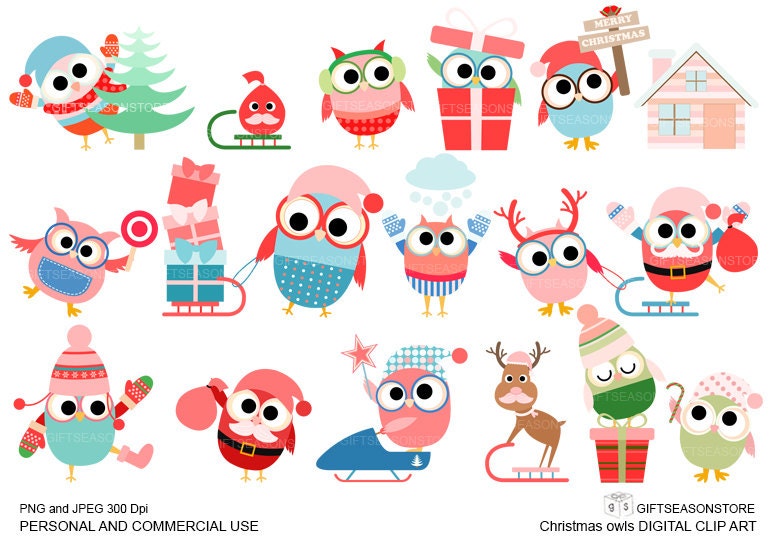 Christmas owls digital clip art for Personal and Commercial use - INSTANT DOWNLOAD