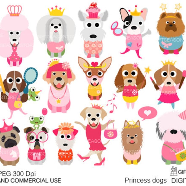Princess dogs Digital clip art for Personal and Commercial use - INSTANT DOWNLOAD