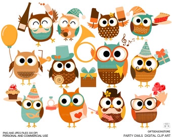 Party owl New year owl Birthday owl Anniversary owl Digital clip art for Personal and Commercial use - INSTANT DOWNLOAD