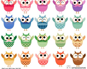 Happy owls digital clip art  for Personal and Commercial use - INSTANT DOWNLOAD