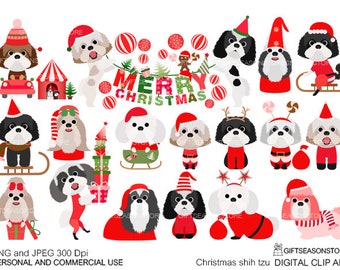 Christmas Shih Tzu  Digital clip art for Personal and Commercial use - INSTANT DOWNLOAD